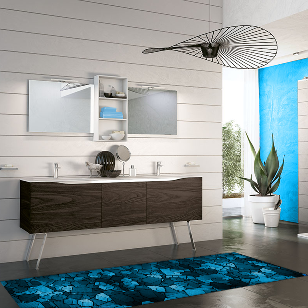 Tappeto Passatoia  Salotto Cucina Bagno Lavabile Antiscivolo Moderno Quadrato Blu - MOD5092