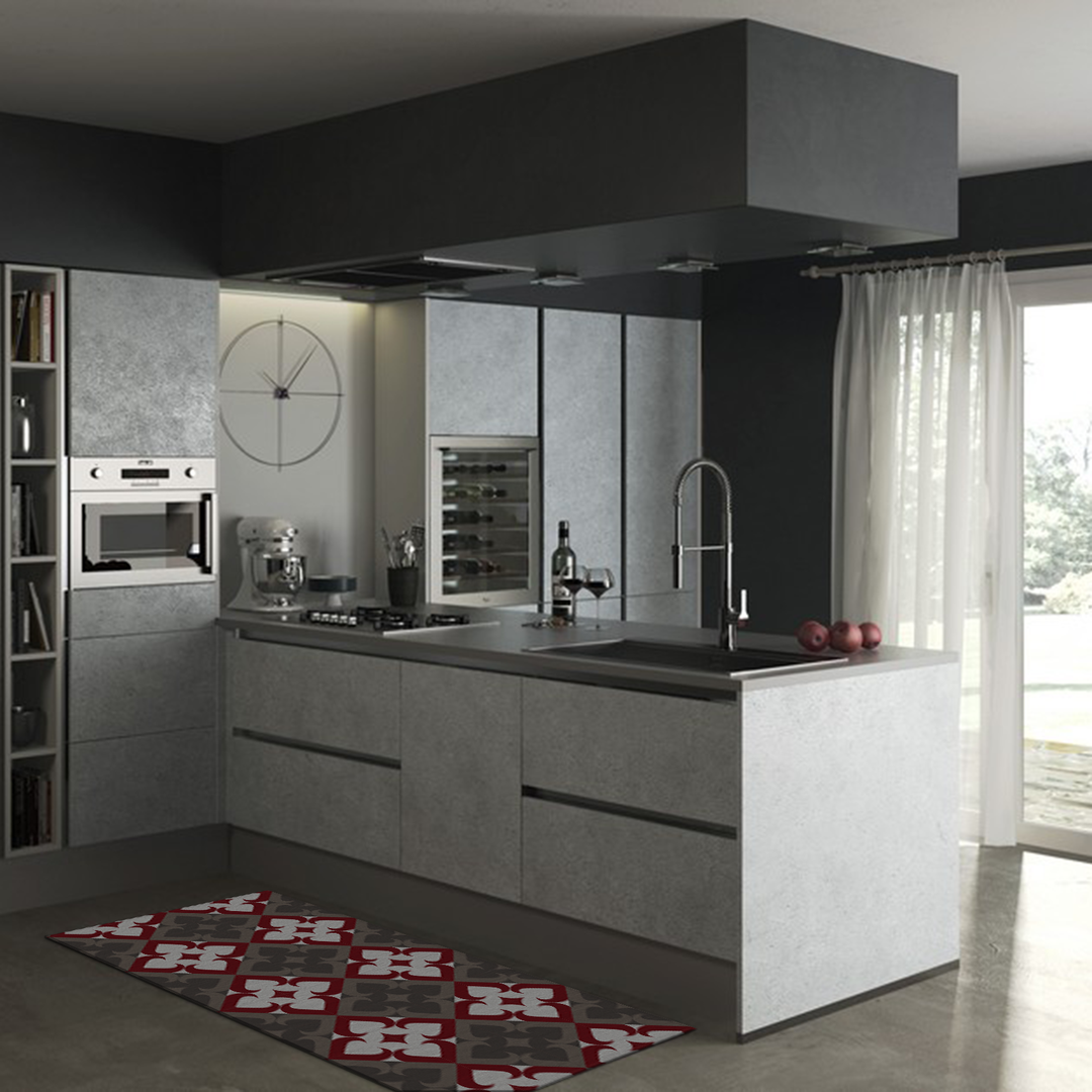 Tappeto Salotto Cucina Bagno Lavabile Antiscivolo Moderno Geometrico Floreale Rosso-MOD5154