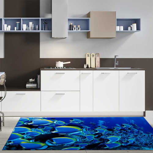 Tappeto Passatoia Salotto Cucina Bagno Lavabile Pesci Tropicali Colorati Blu Giallo - PESC0021