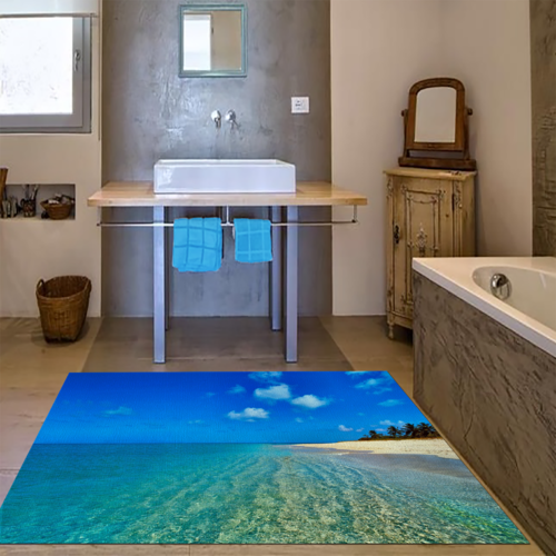 Tappeto Passatoia Salotto Cucina Bagno Lavabile Mare Azzurro Spiaggia Bianca Caraibi Palme SOMA0056