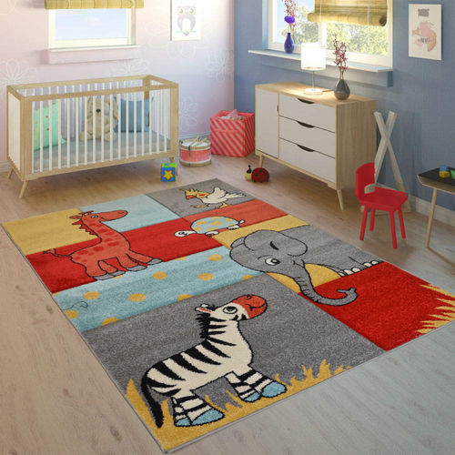 KID - Tappeto Moderno Bambini Zebra Zoo Giraffa Elefante Arancione - A2231-C22585