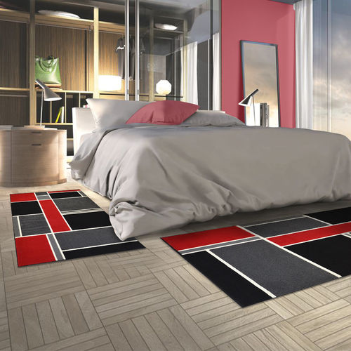 COLOR - Tappeto Parure Scendiletto Moderno Geometrico Elegante Quadri Rosso Nero - 4037 Black Red