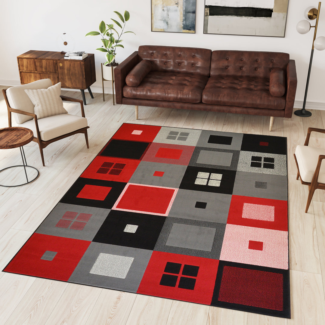 COLOR - Tappeto Moderno Geometrico Elegante Quadri Rosso Nero Grigio - 4096 Black Red
