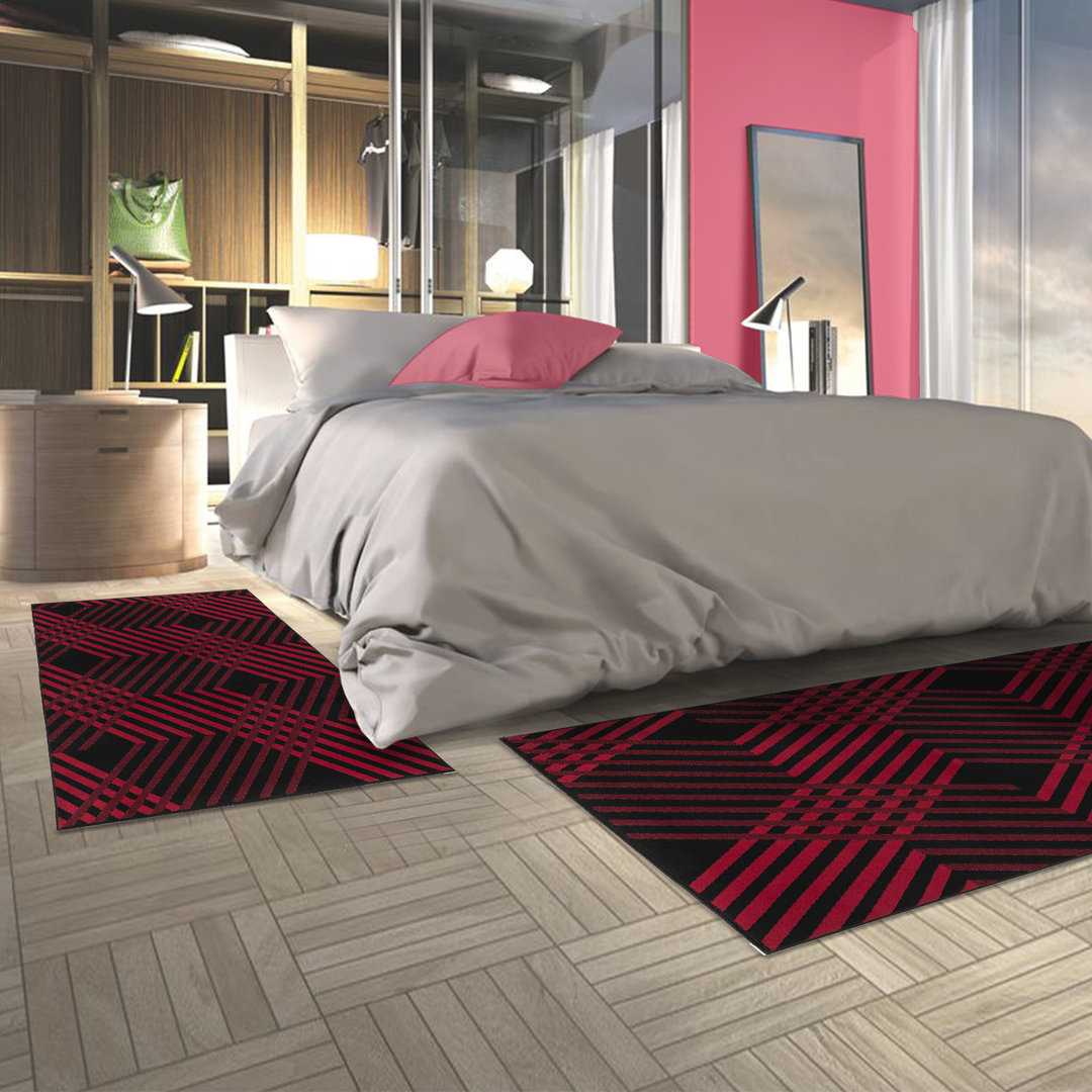 COLOR - Tappeto Parure Scendiletto Moderno Geometrico Elegante Rigato Rosso Nero - 4257 Black Red